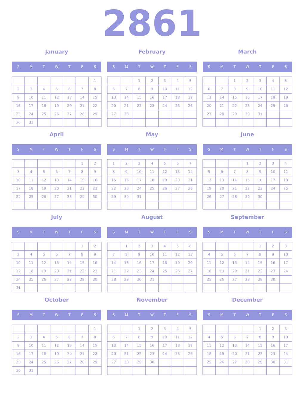 Printable 2861 Year Calendars periwinkle