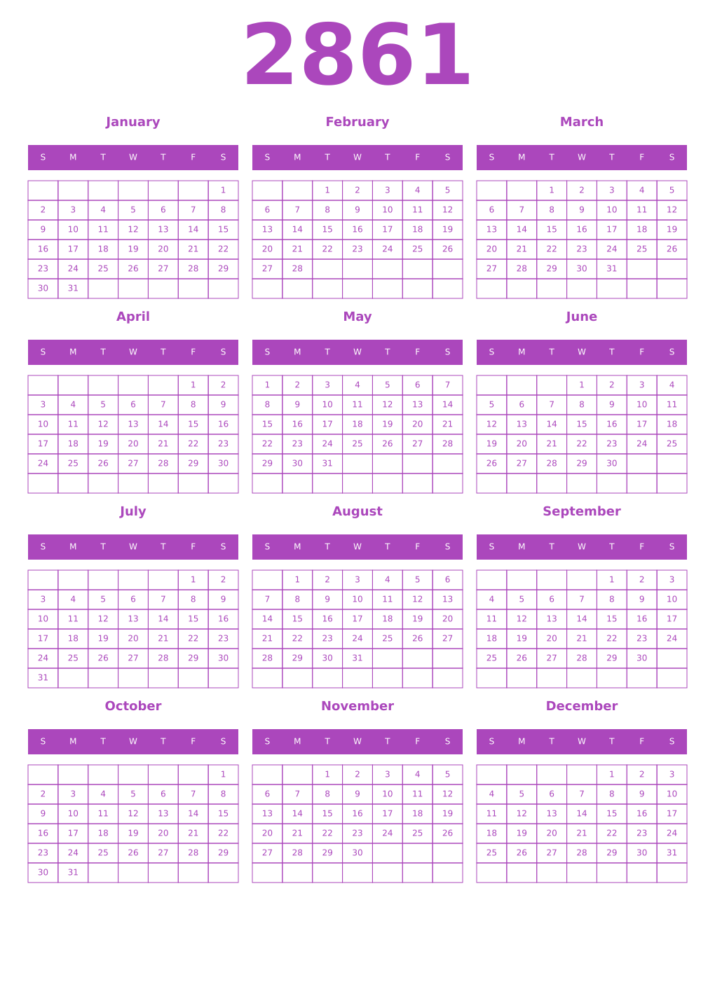 Printable 2861 Year Calendars purple