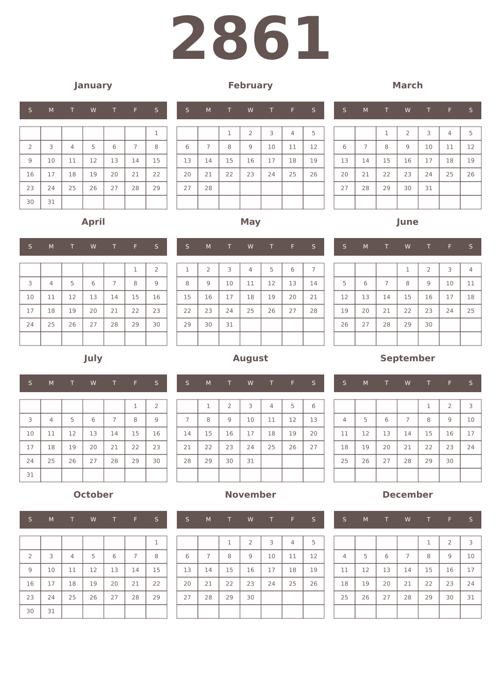 Printable 2861 Year Calendars wenge