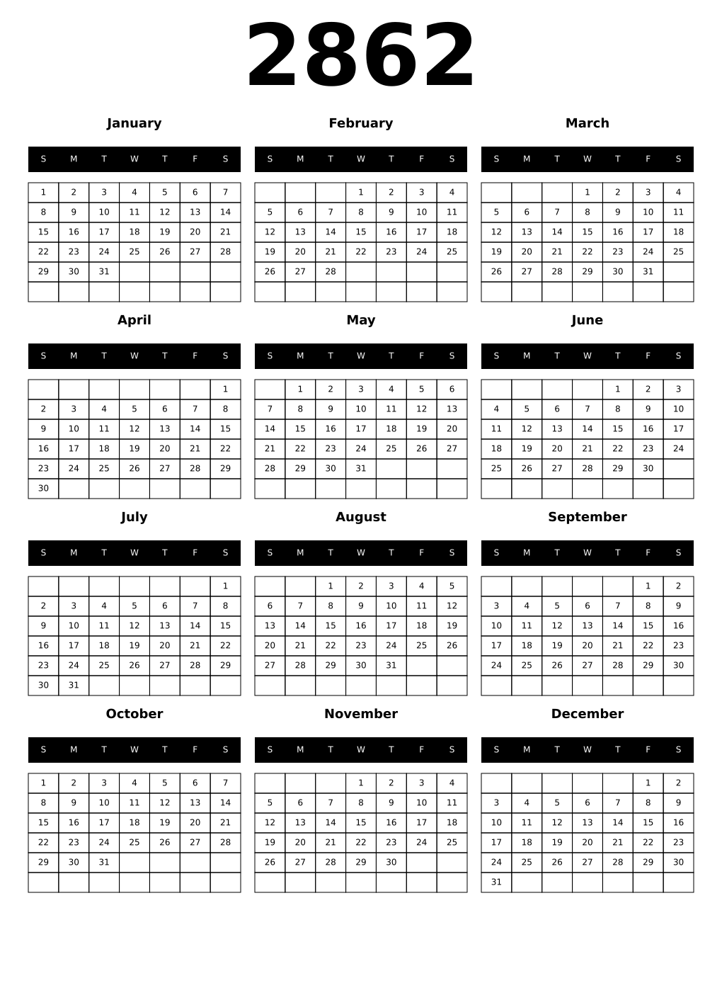 Printable 2862 Year Calendars black