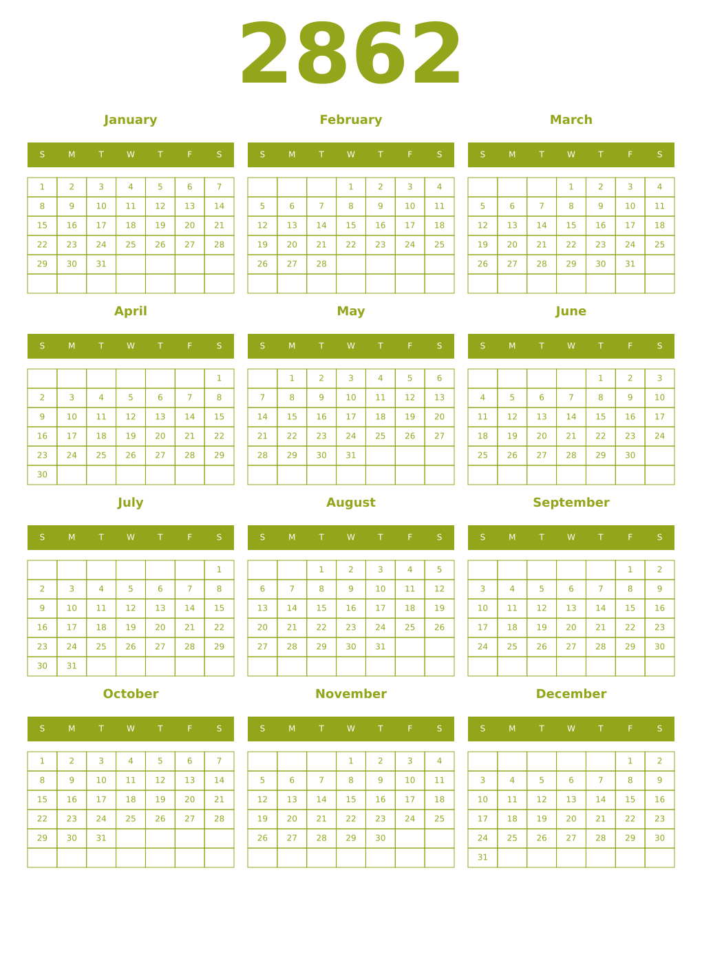 Printable 2862 Year Calendars chartreuse