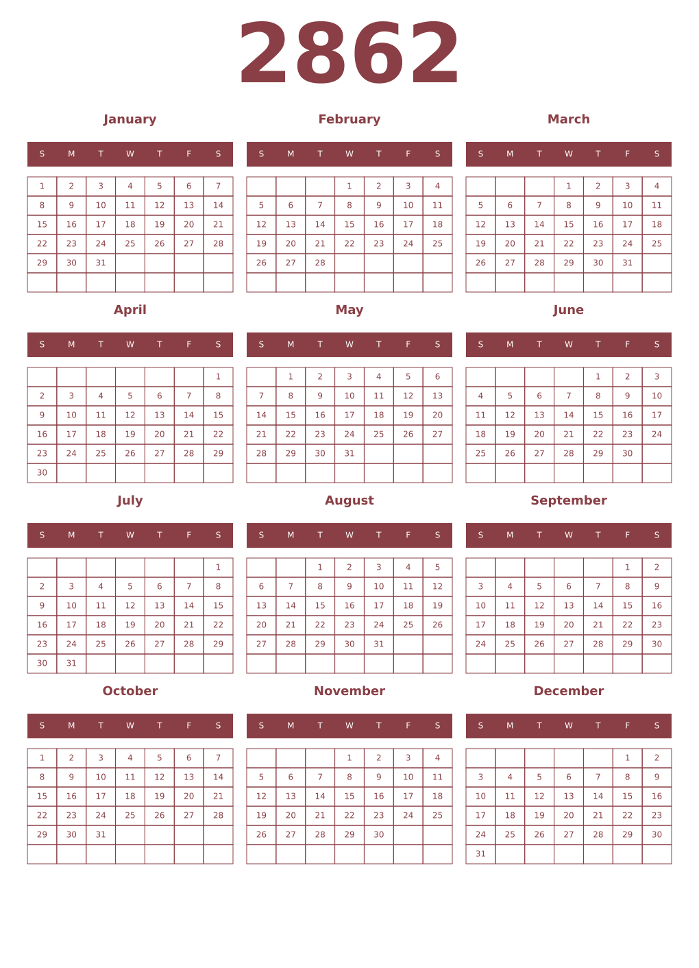 Printable 2862 Year Calendars cordovan