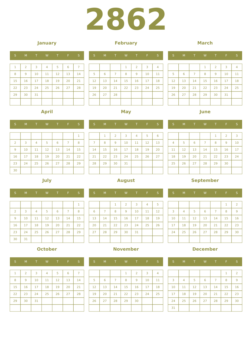 Printable 2862 Year Calendars eburnean