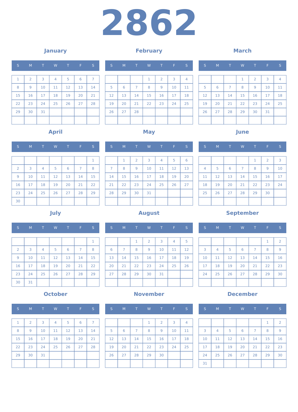 Printable 2862 Year Calendars glaucous
