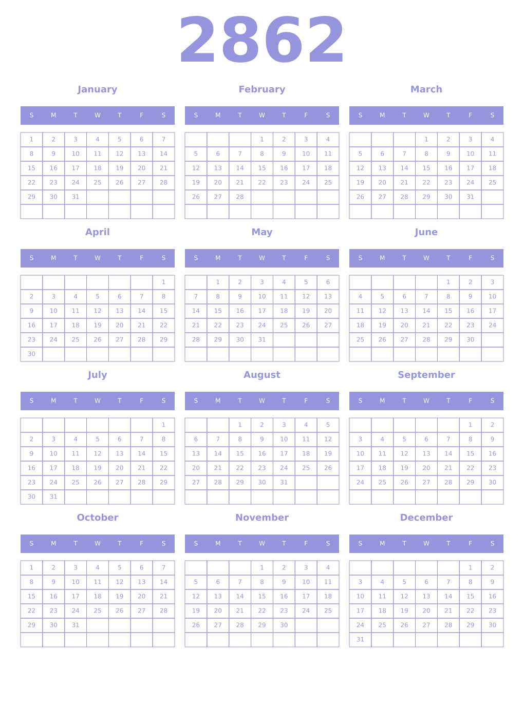 Printable 2862 Year Calendars periwinkle