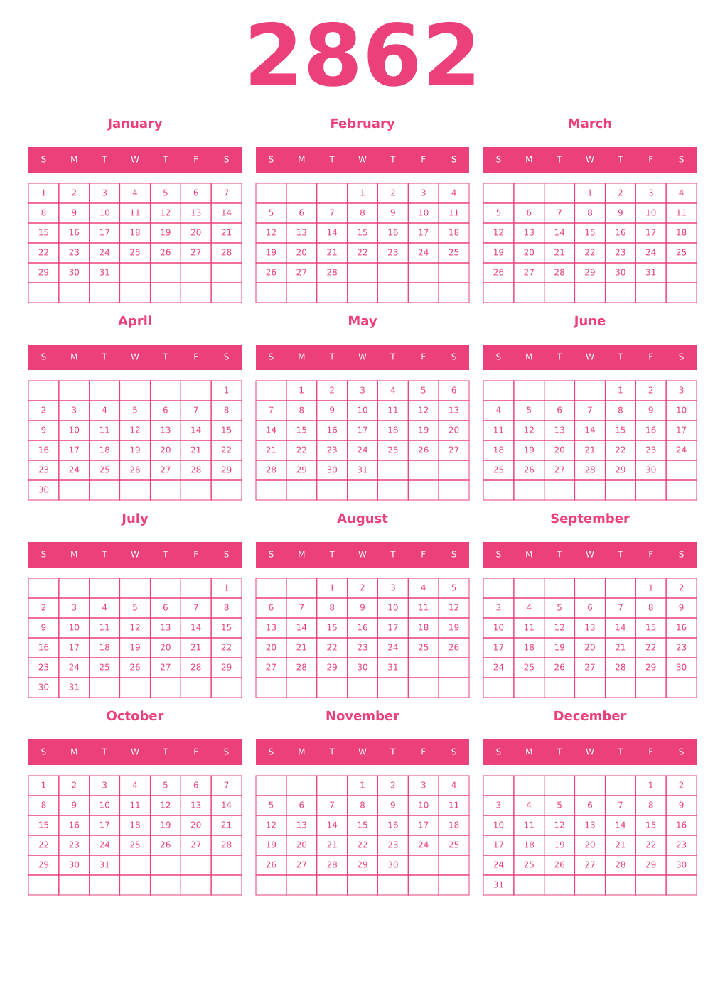 Printable 2862 Year Calendars pink