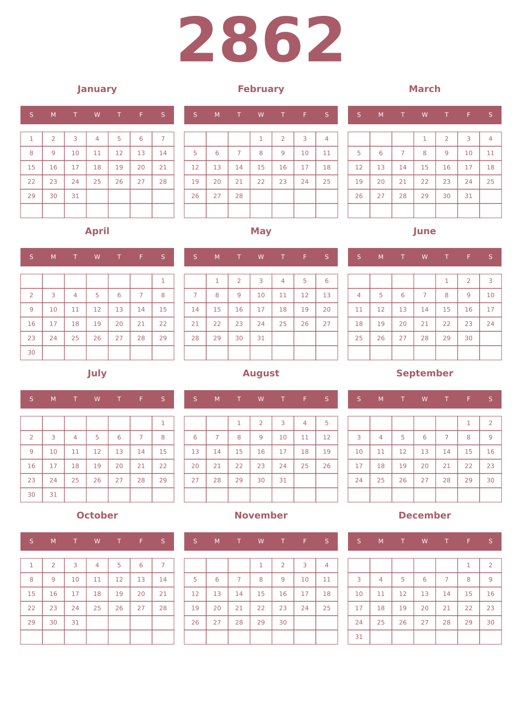 Printable 2862 Year Calendars puce