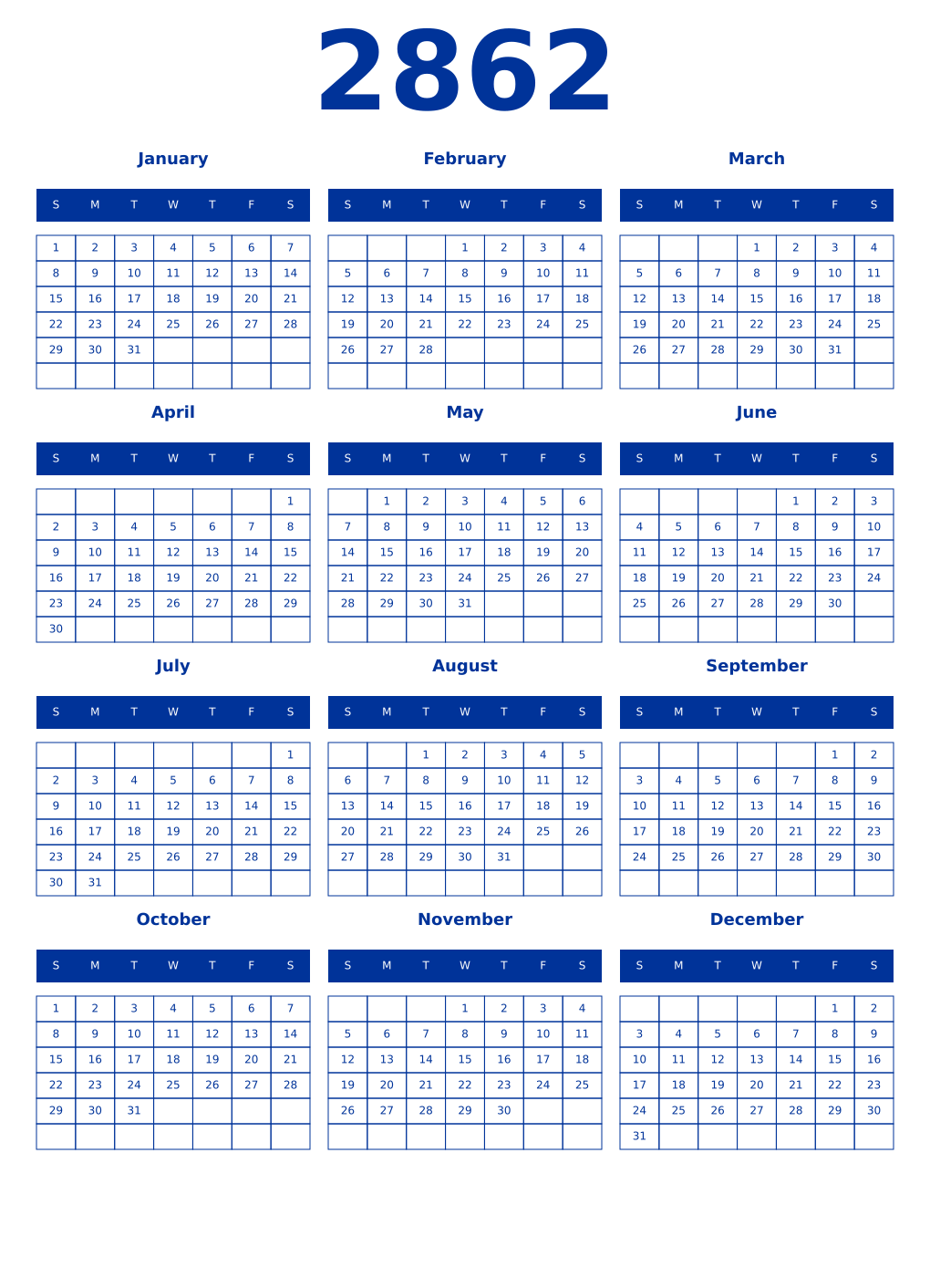 Printable 2862 Year Calendars smalt