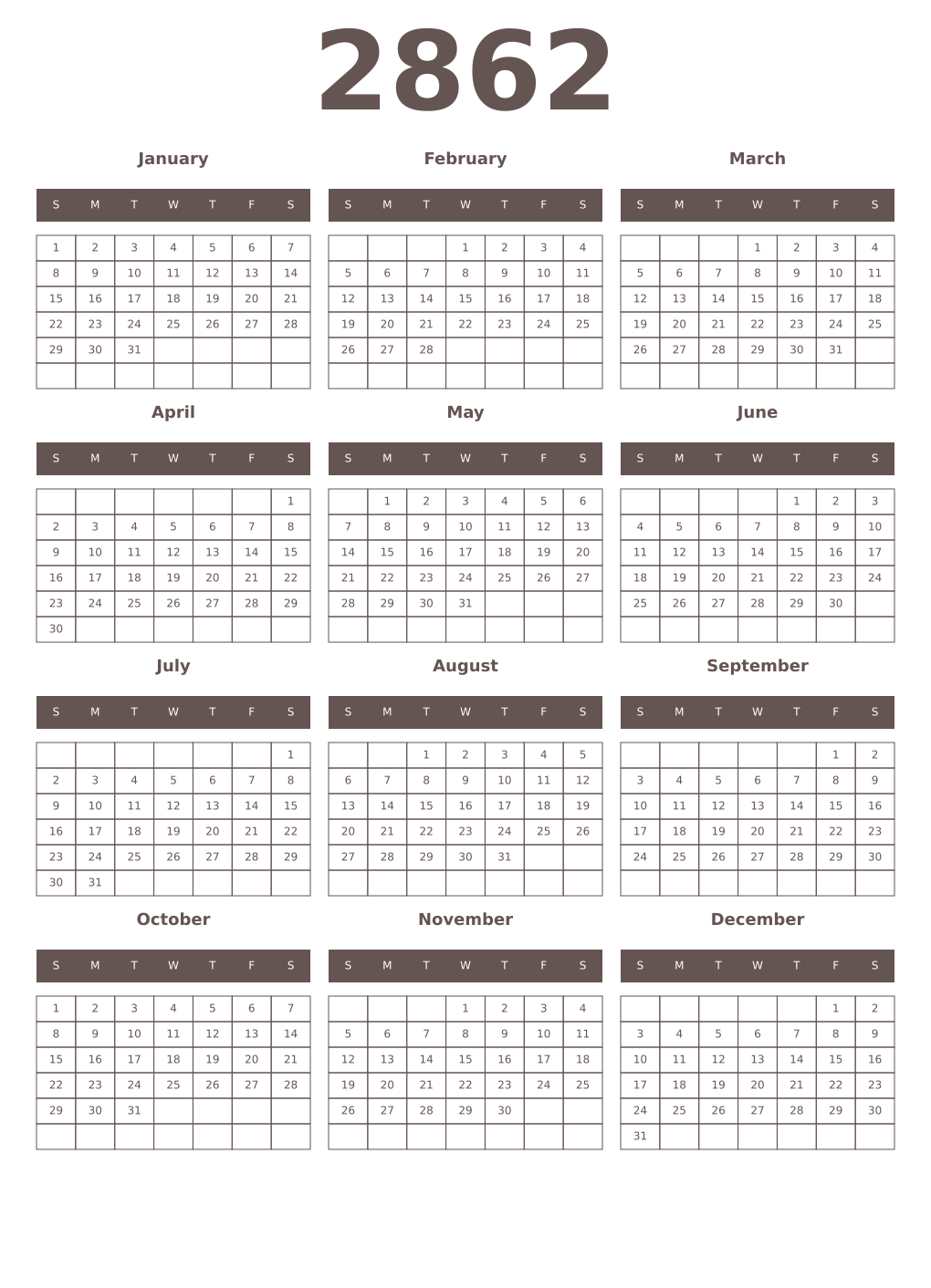 Printable 2862 Year Calendars wenge