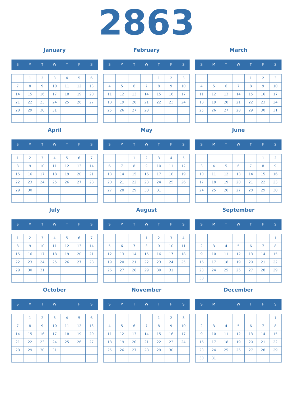 Printable 2863 Year Calendars blue