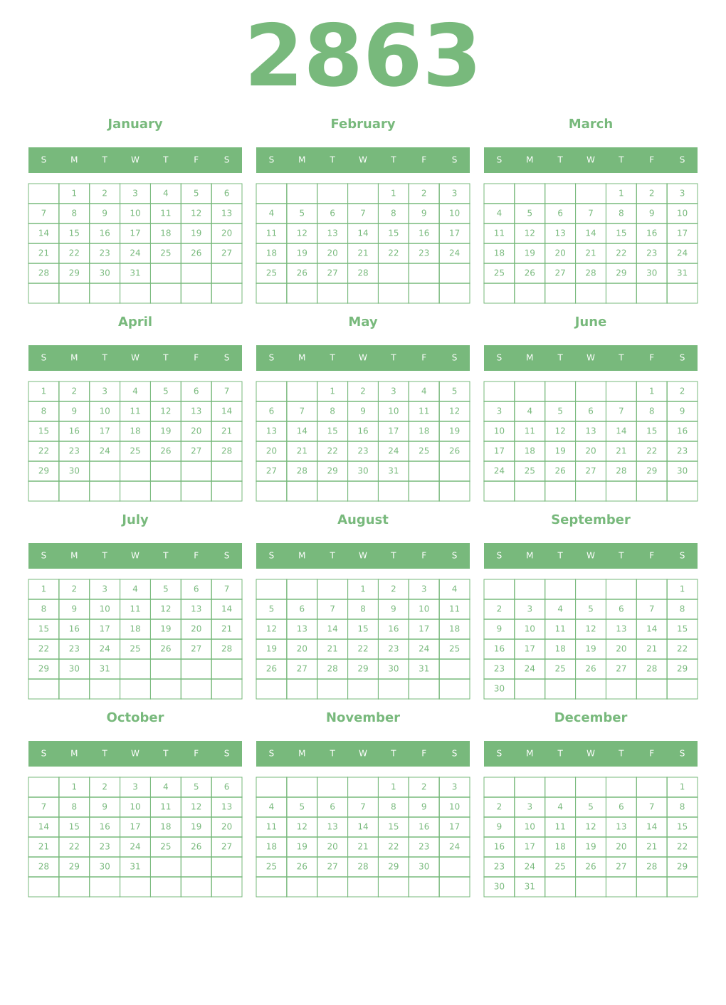Printable 2863 Year Calendars celadon