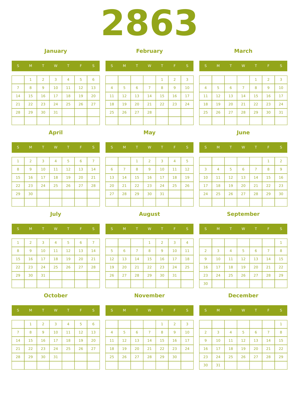 Printable 2863 Year Calendars chartreuse