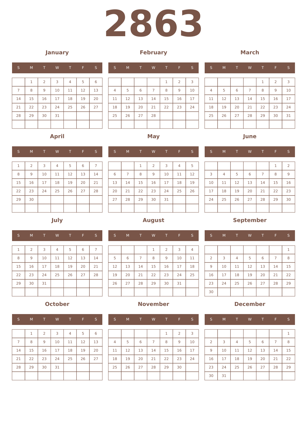 Printable 2863 Year Calendars coffe