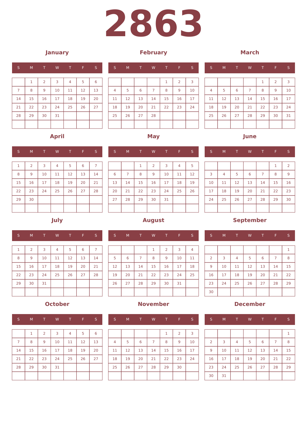 Printable 2863 Year Calendars cordovan