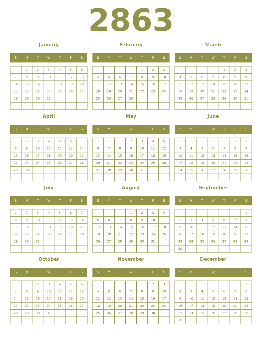 Printable 2863 Year Calendars eburnean
