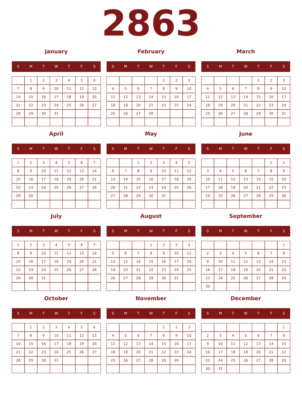 Printable 2863 Year Calendars falu