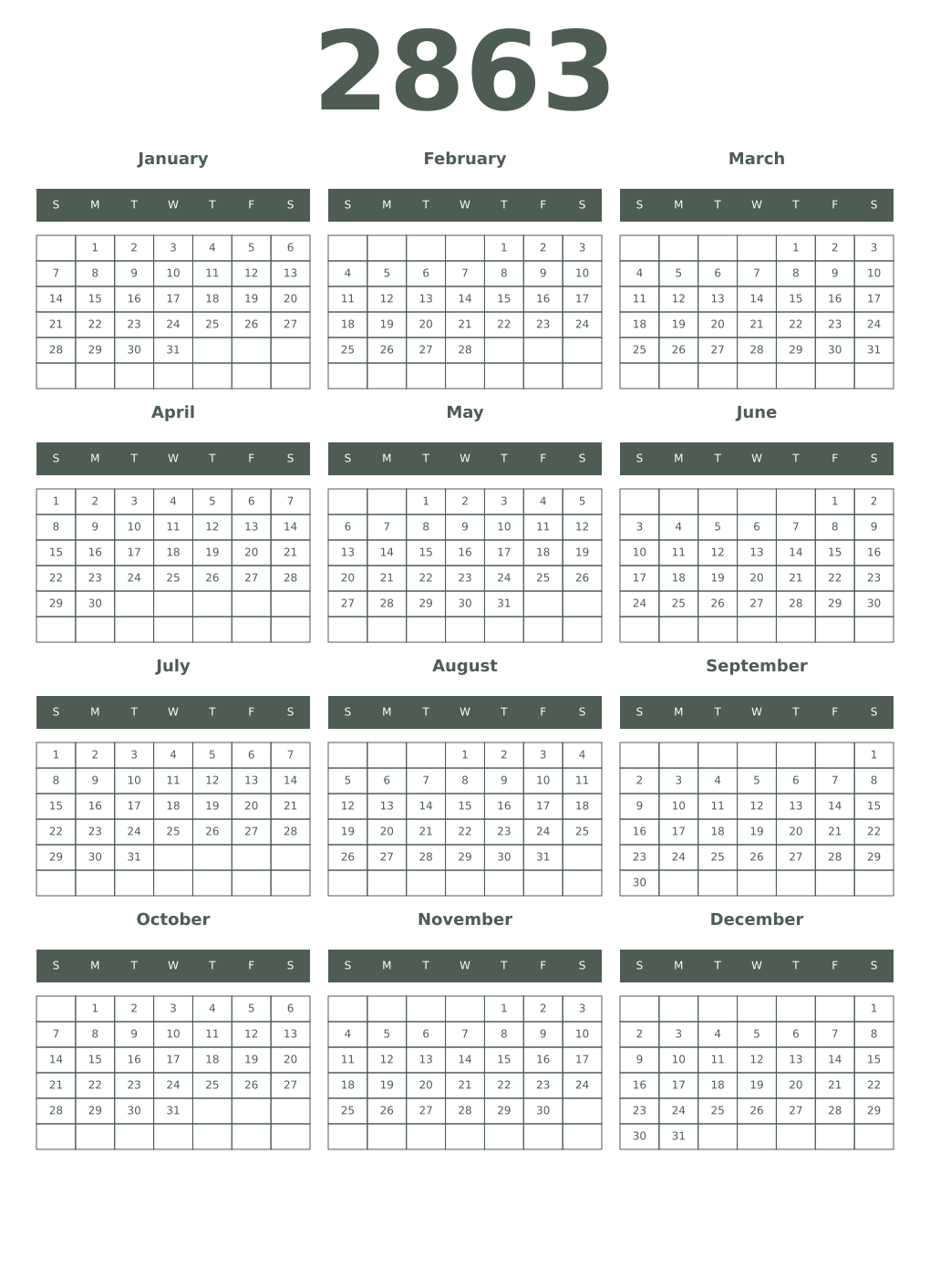 Printable 2863 Year Calendars feldgrau