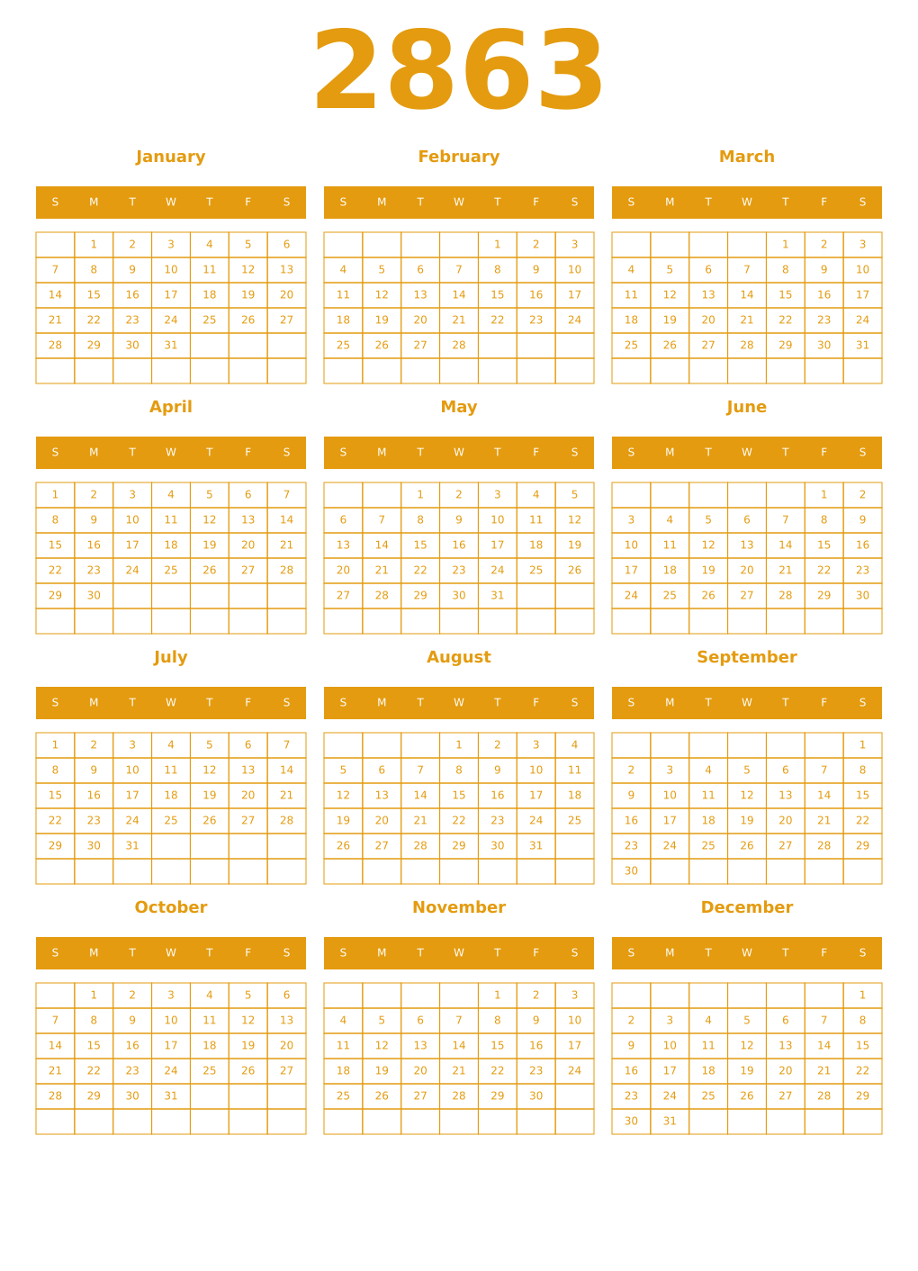 Printable 2863 Year Calendars gamboge