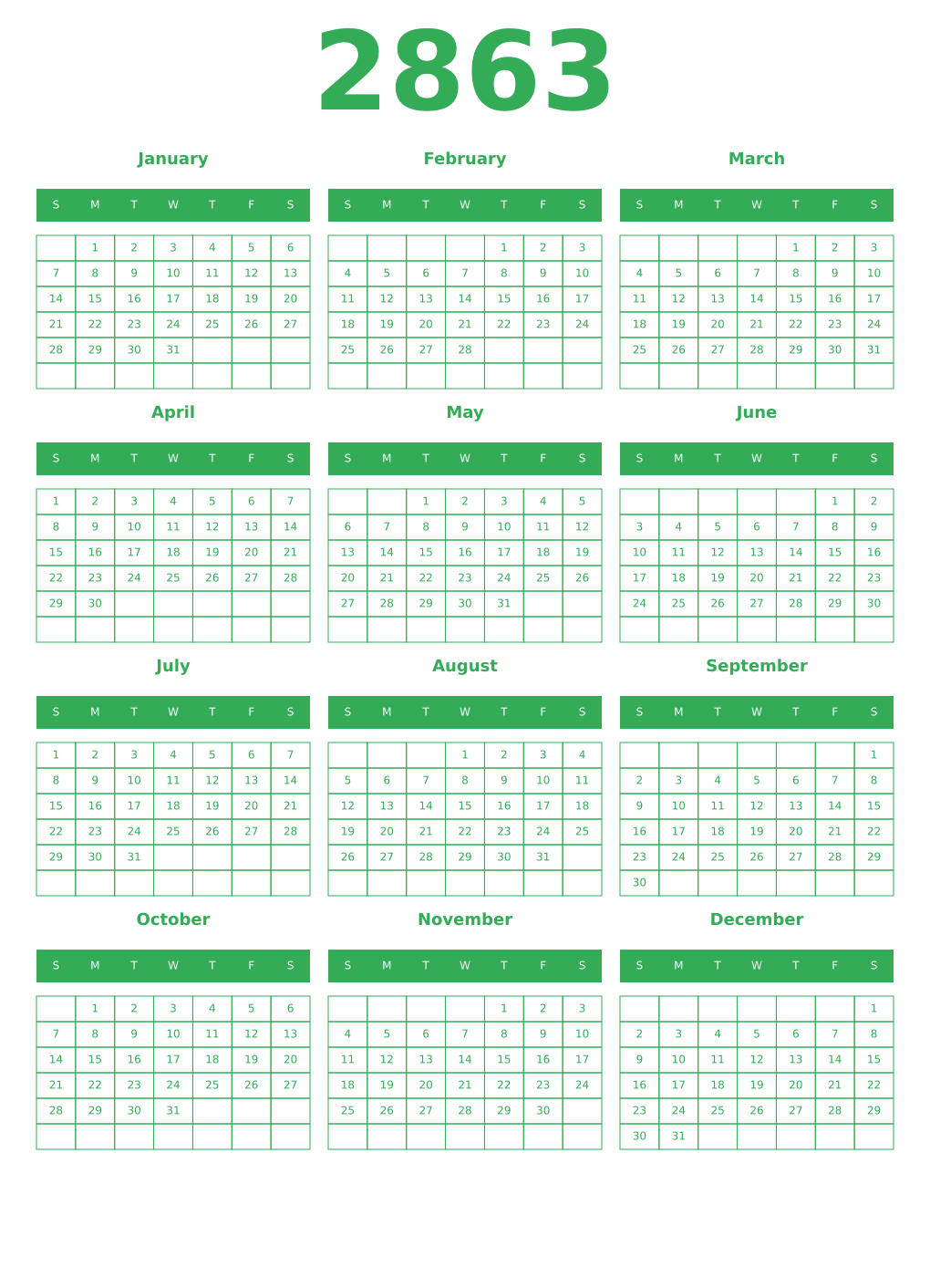 Printable 2863 Year Calendars green