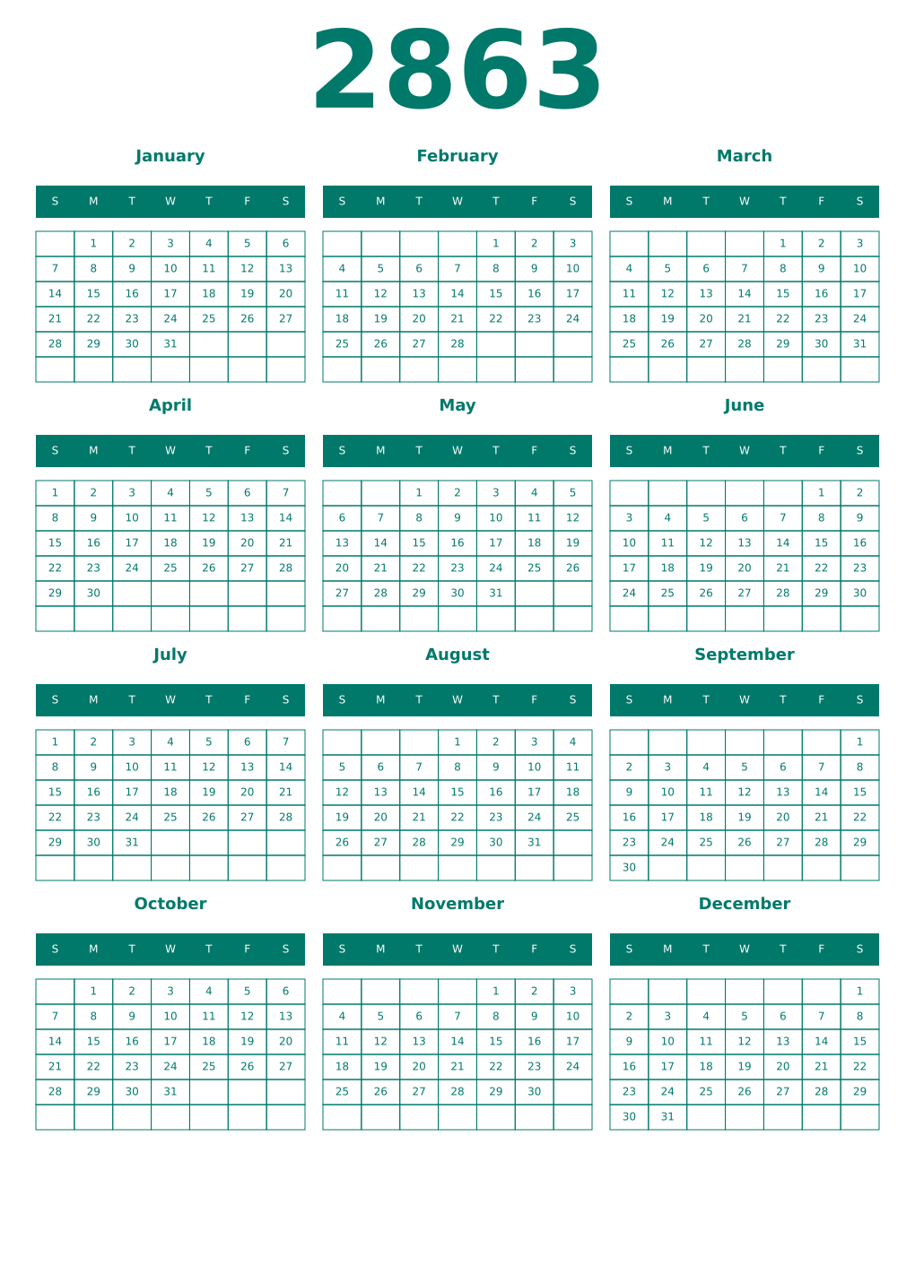 Printable 2863 Year Calendars pastel