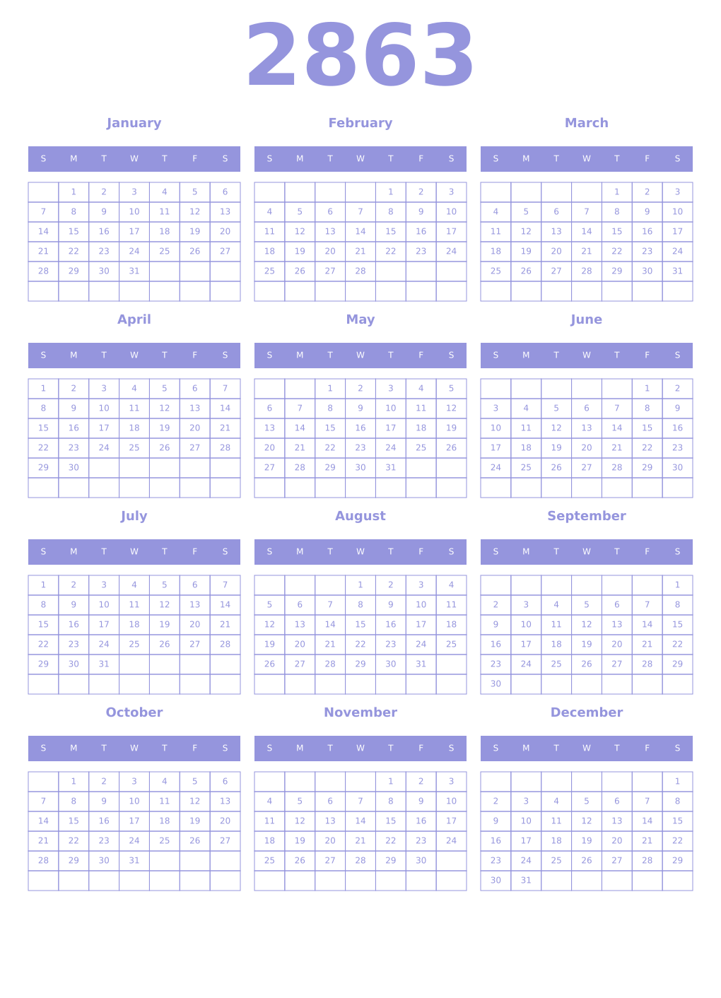 Printable 2863 Year Calendars periwinkle