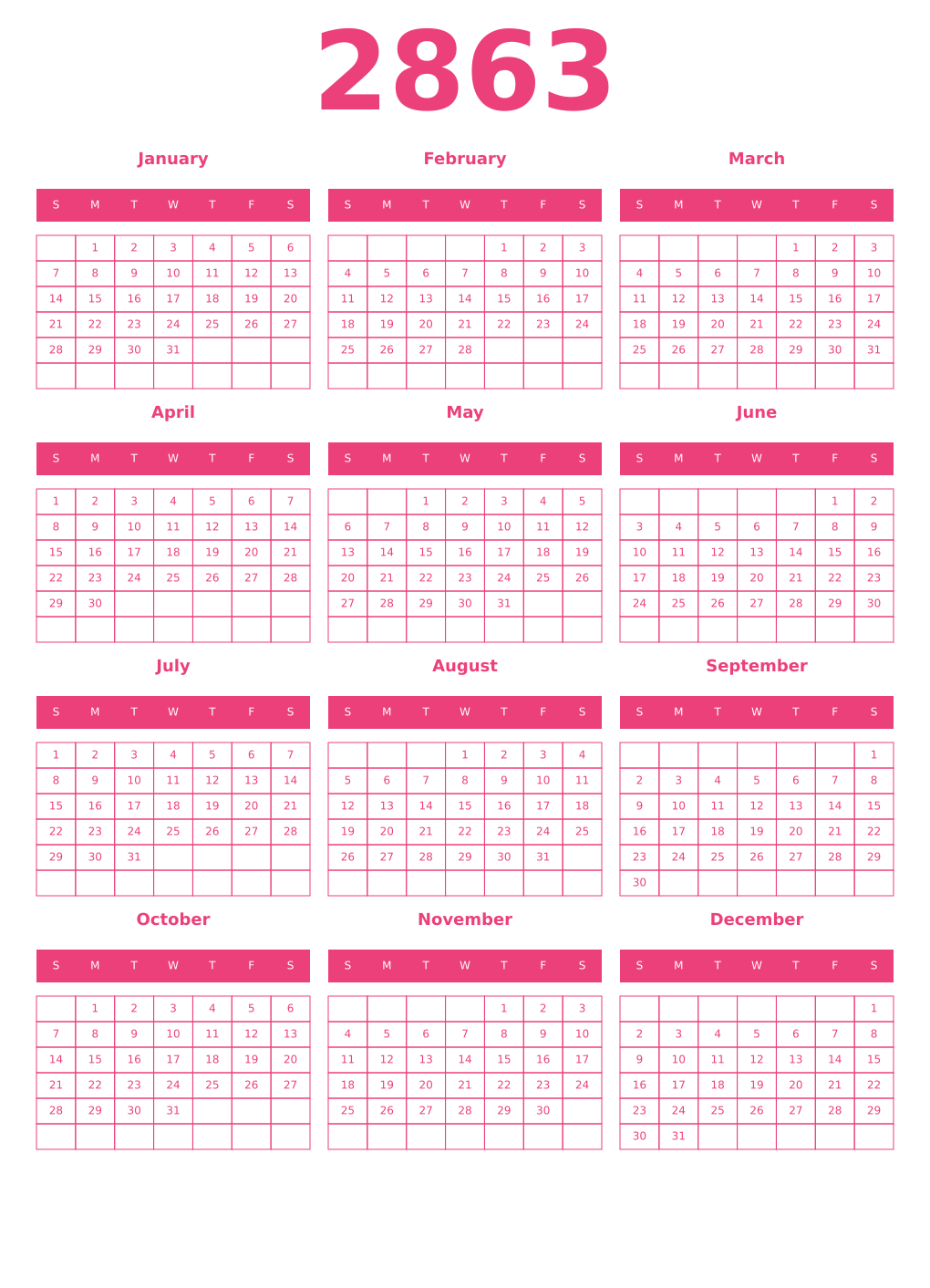 Printable 2863 Year Calendars pink
