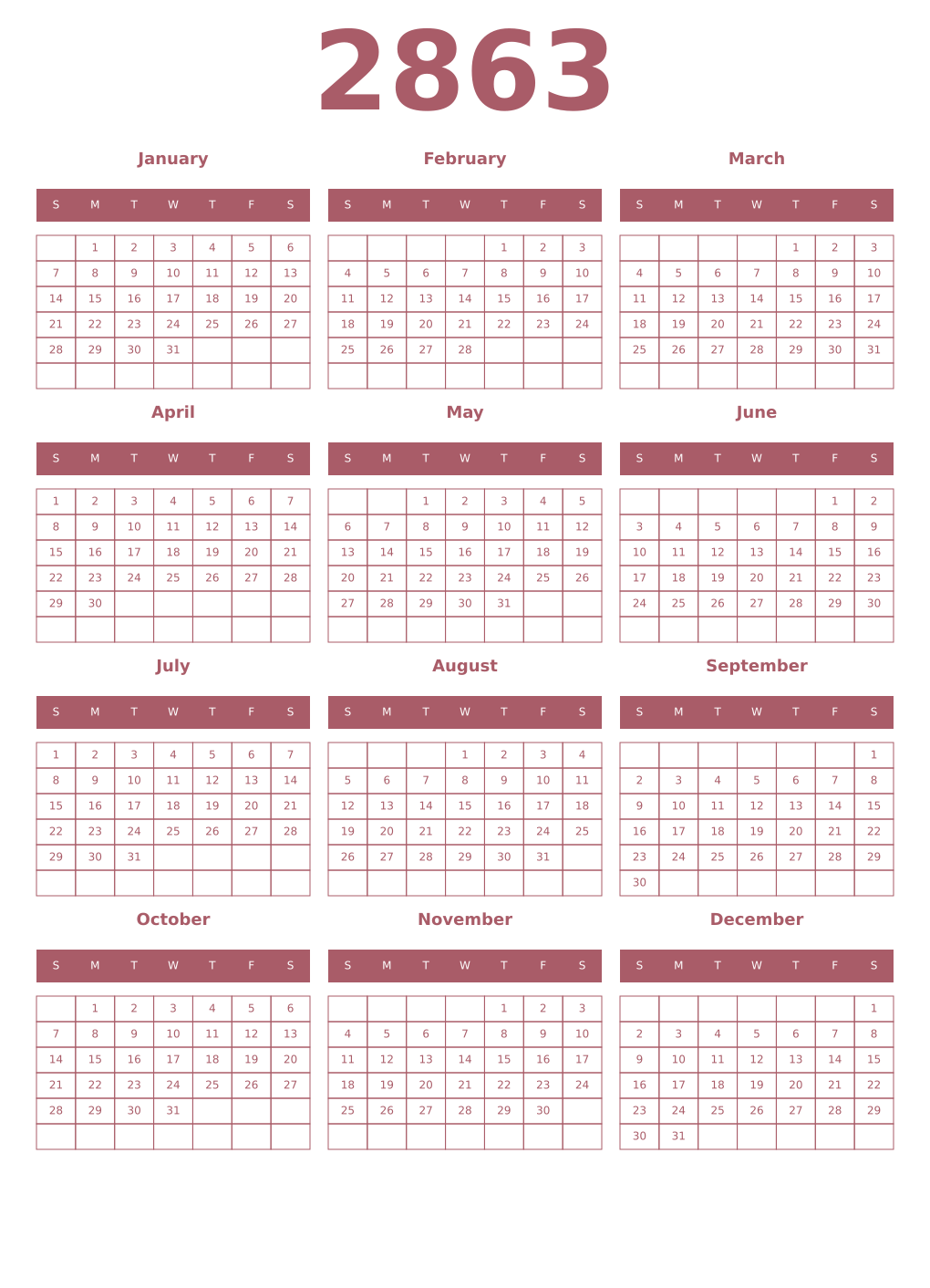 Printable 2863 Year Calendars puce