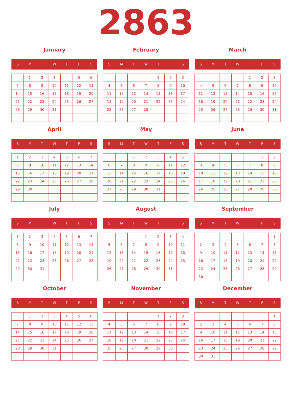 Printable 2863 Year Calendars red