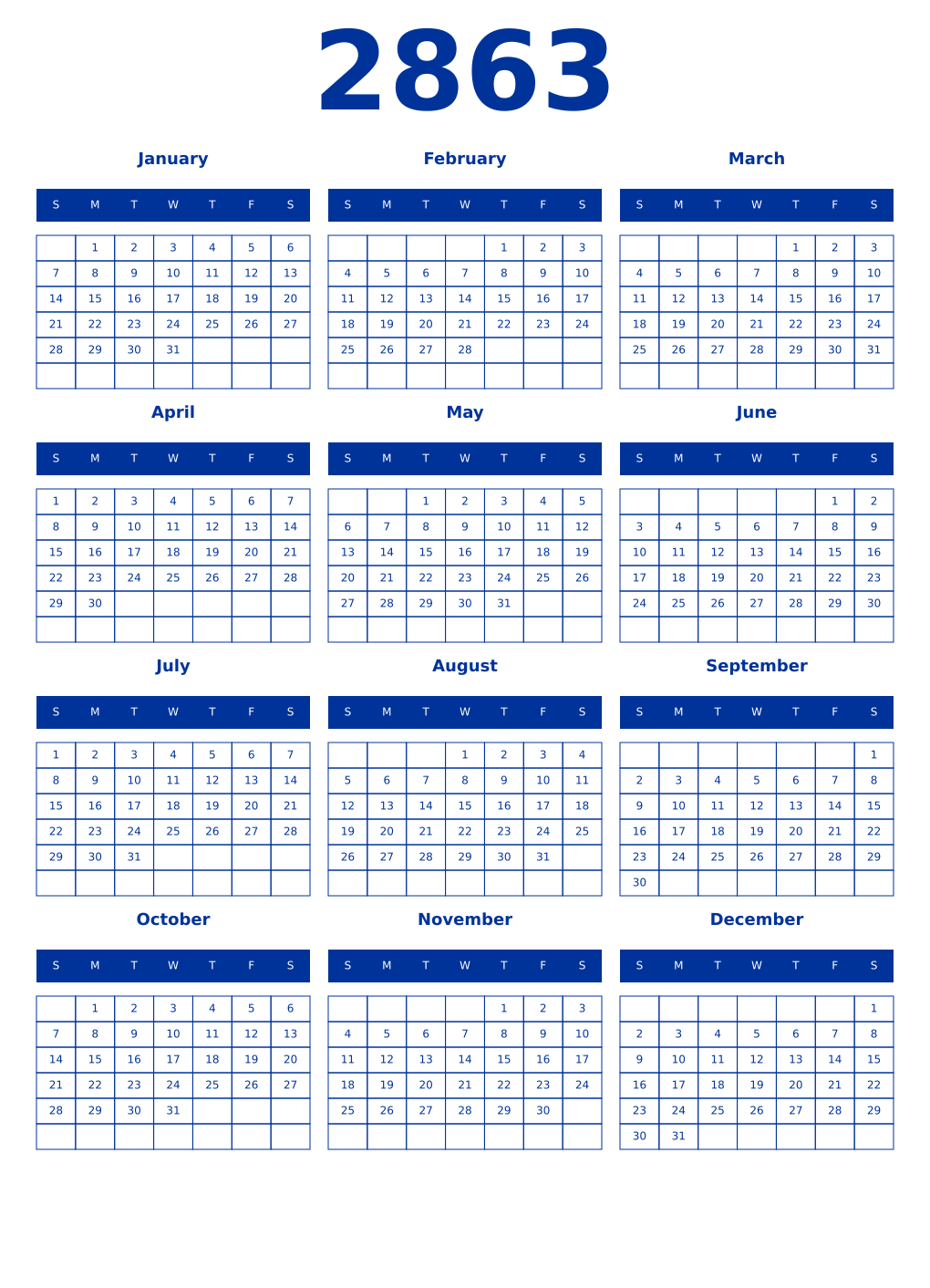 Printable 2863 Year Calendars smalt