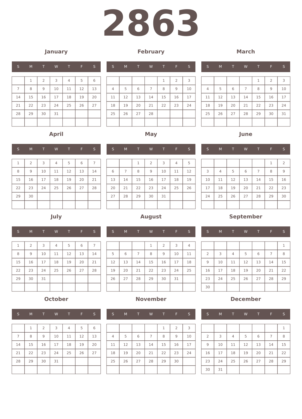 Printable 2863 Year Calendars wenge