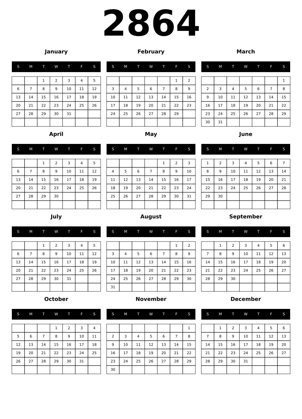 Printable 2864 Year Calendars black