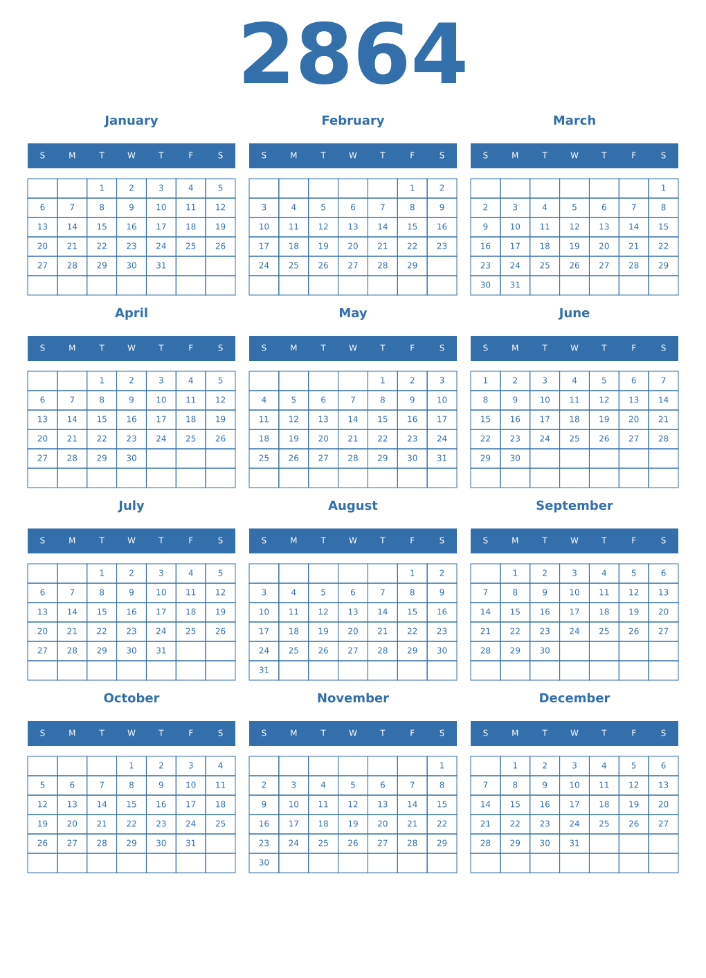 Printable 2864 Year Calendars blue
