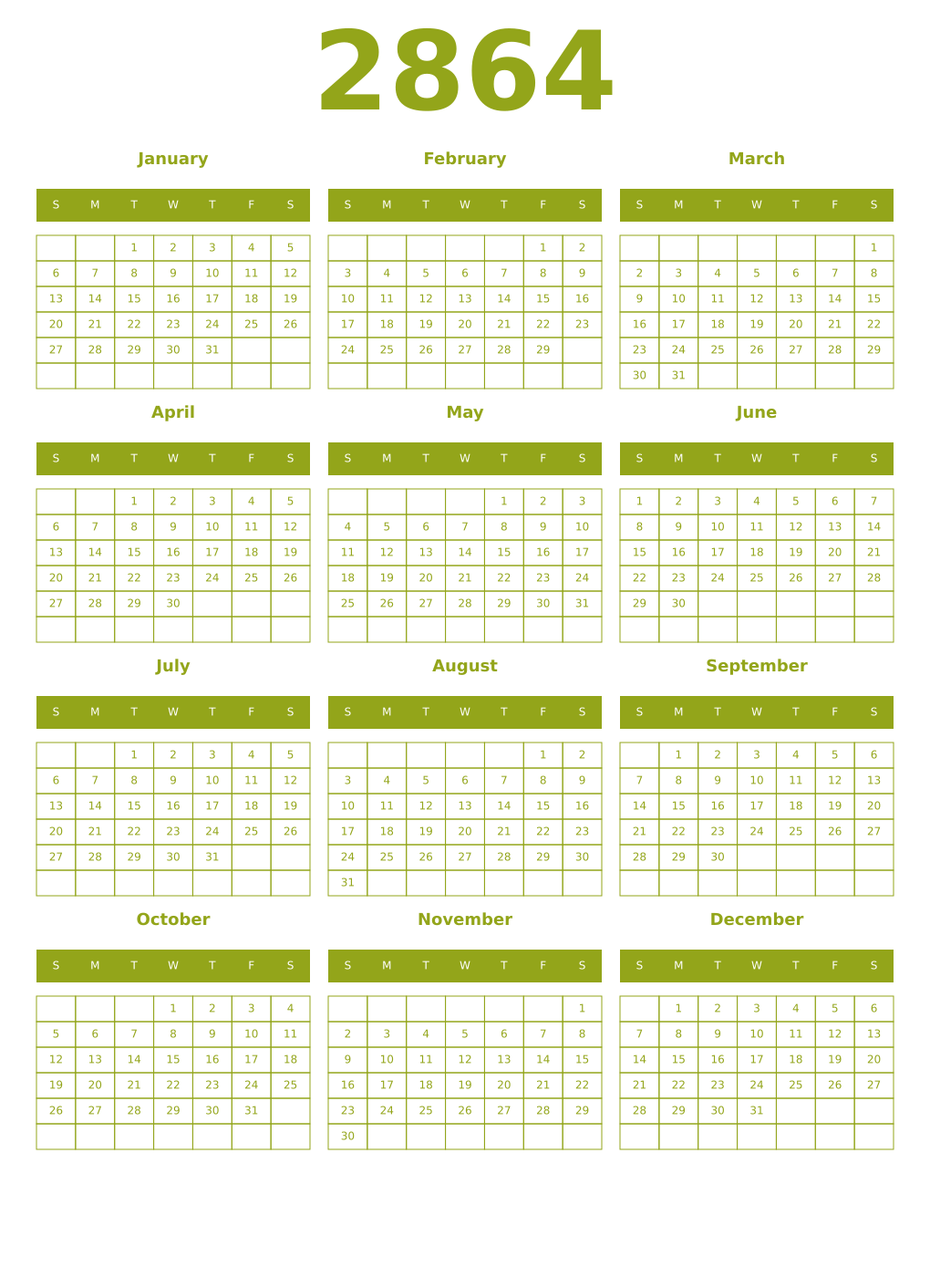 Printable 2864 Year Calendars chartreuse