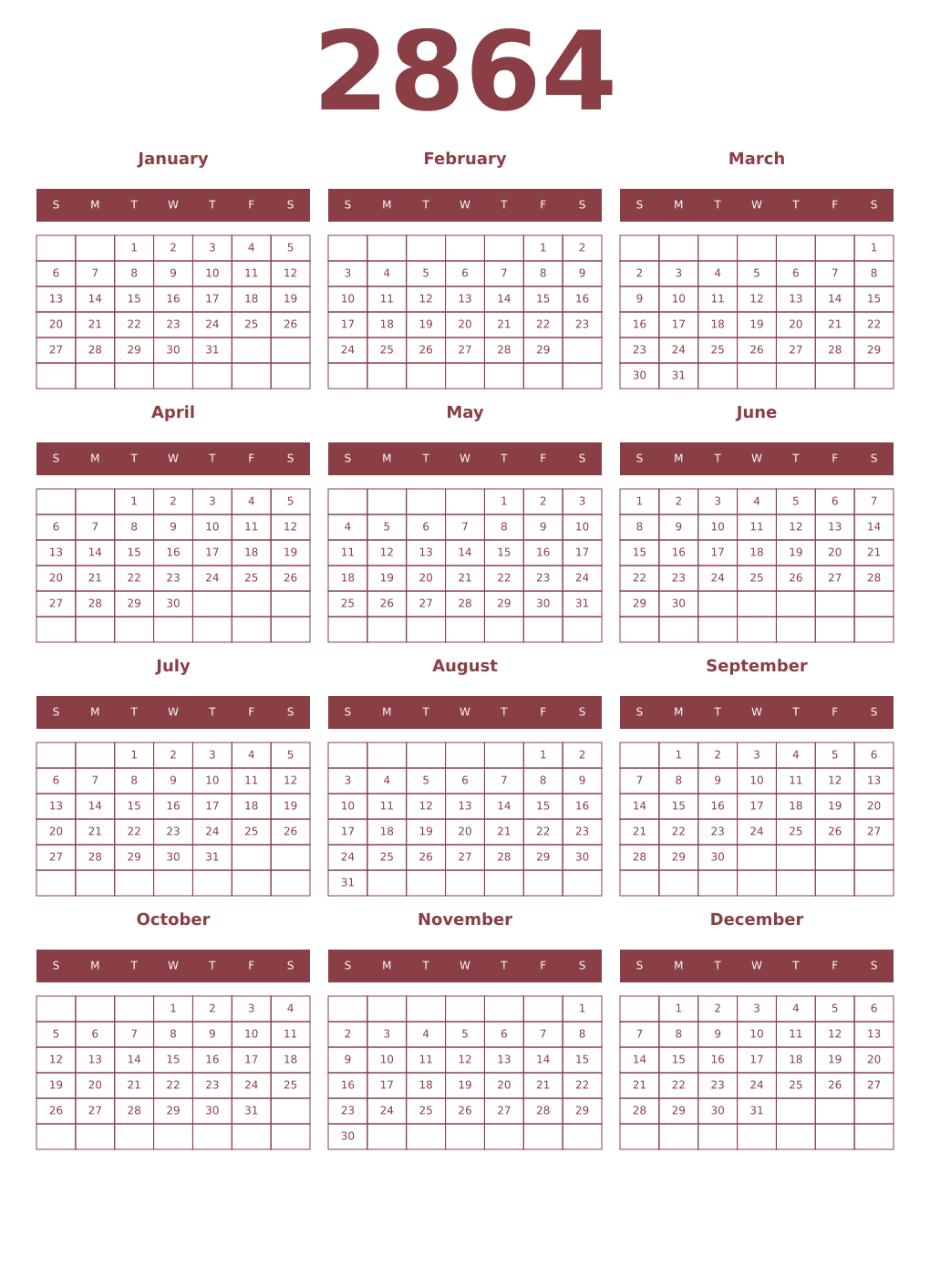 Printable 2864 Year Calendars cordovan