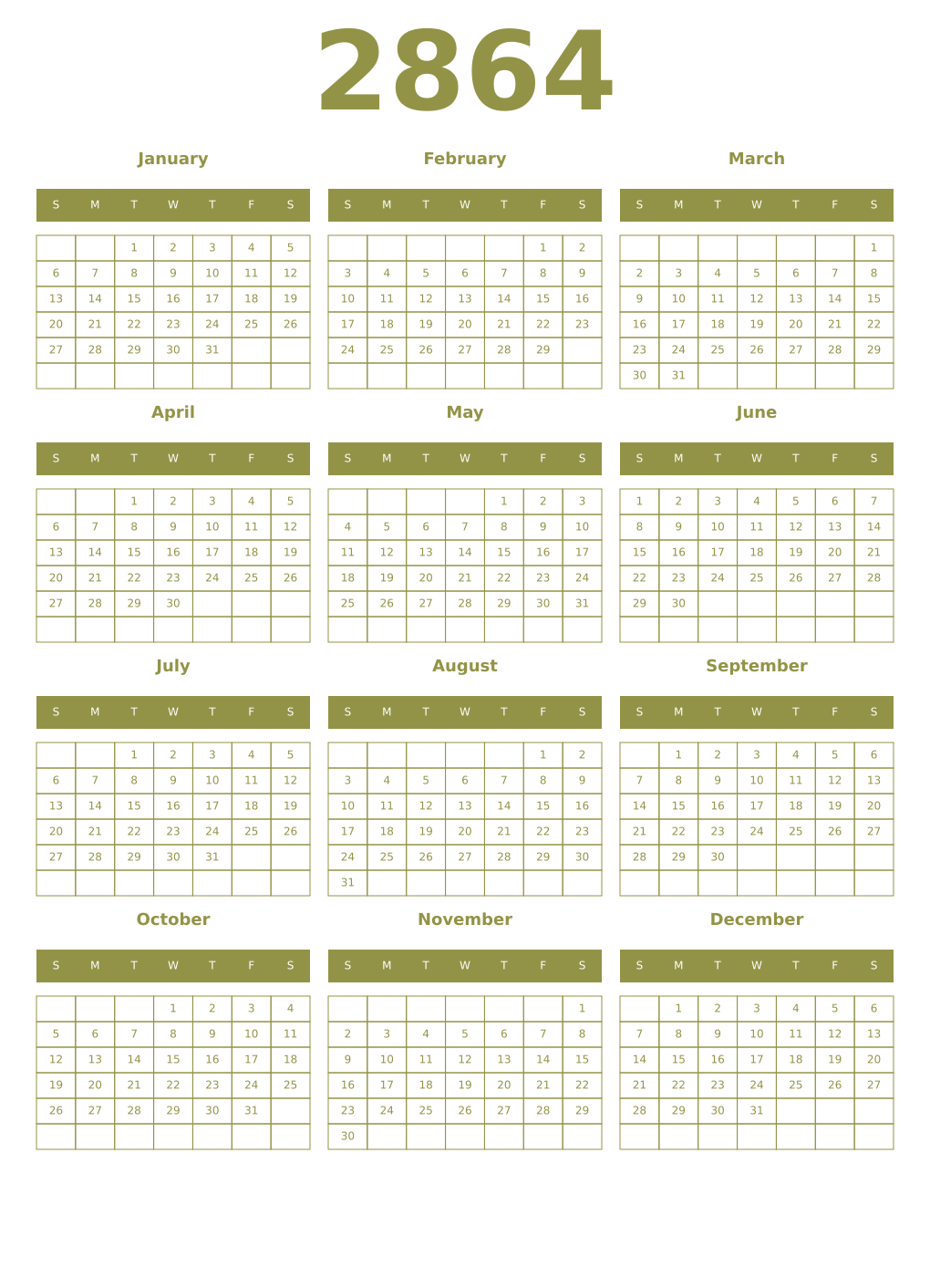 Printable 2864 Year Calendars eburnean
