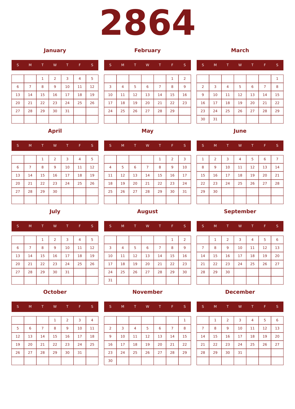 Printable 2864 Year Calendars falu