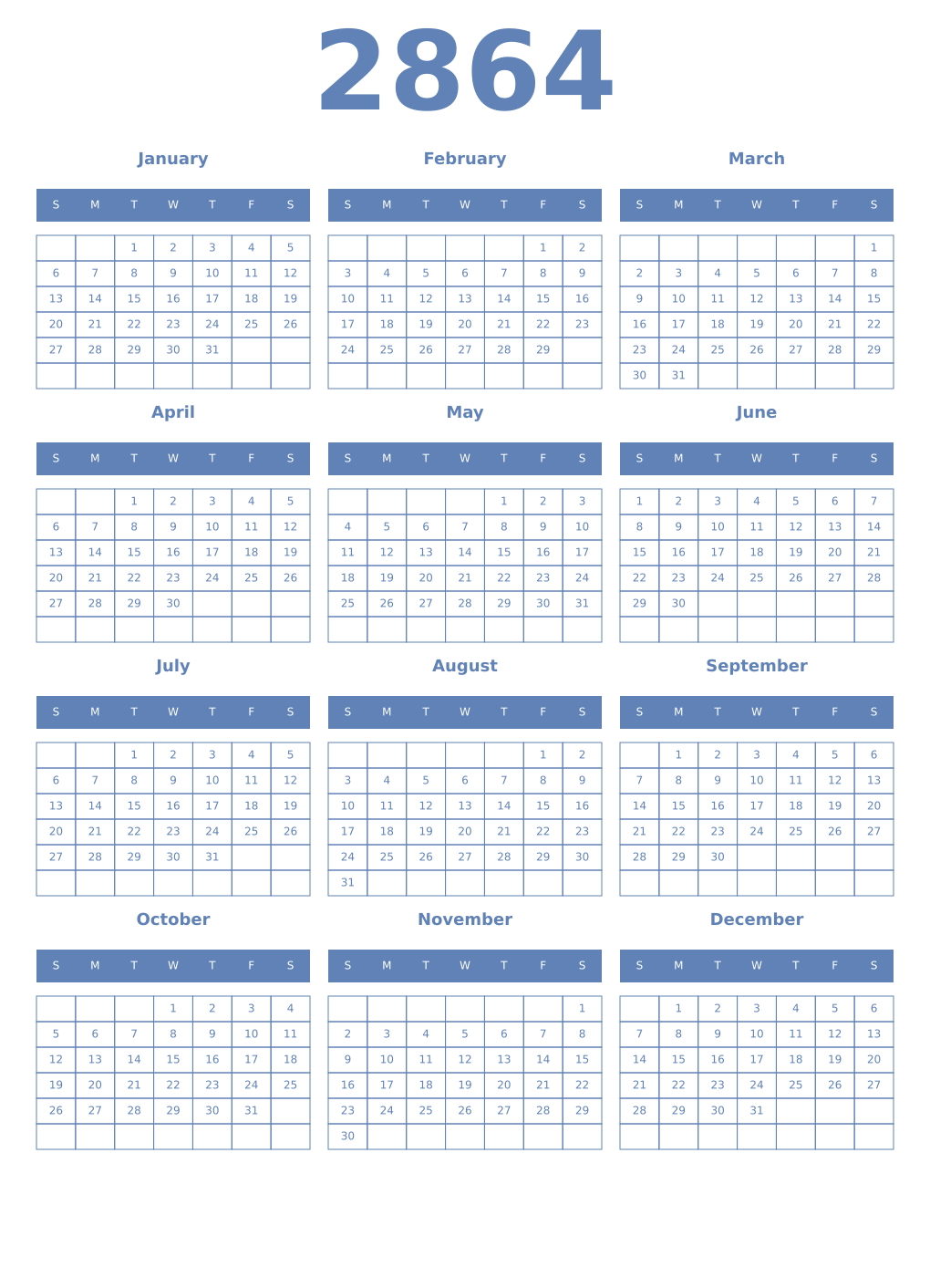 Printable 2864 Year Calendars glaucous