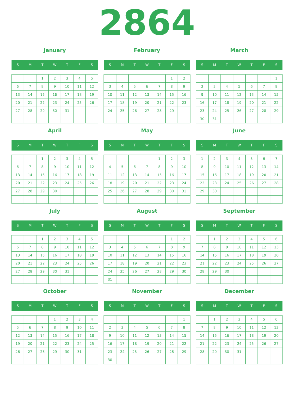 Printable 2864 Year Calendars green