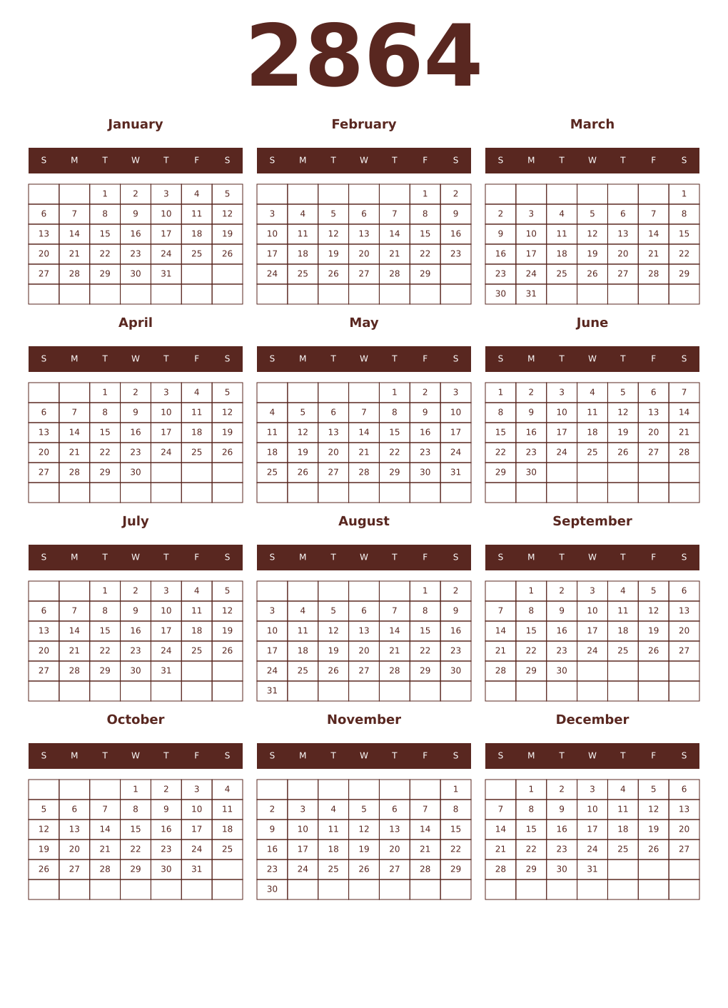 Printable 2864 Year Calendars mortuum
