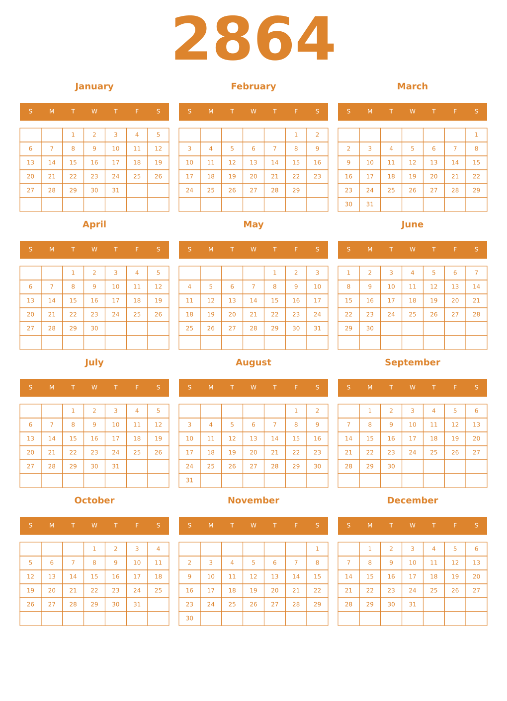 Printable 2864 Year Calendars orange