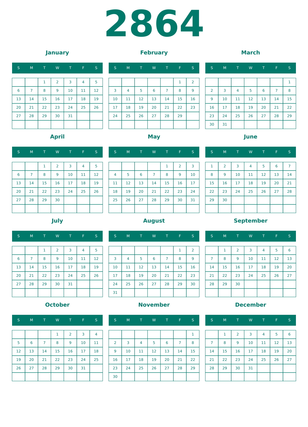 Printable 2864 Year Calendars pastel