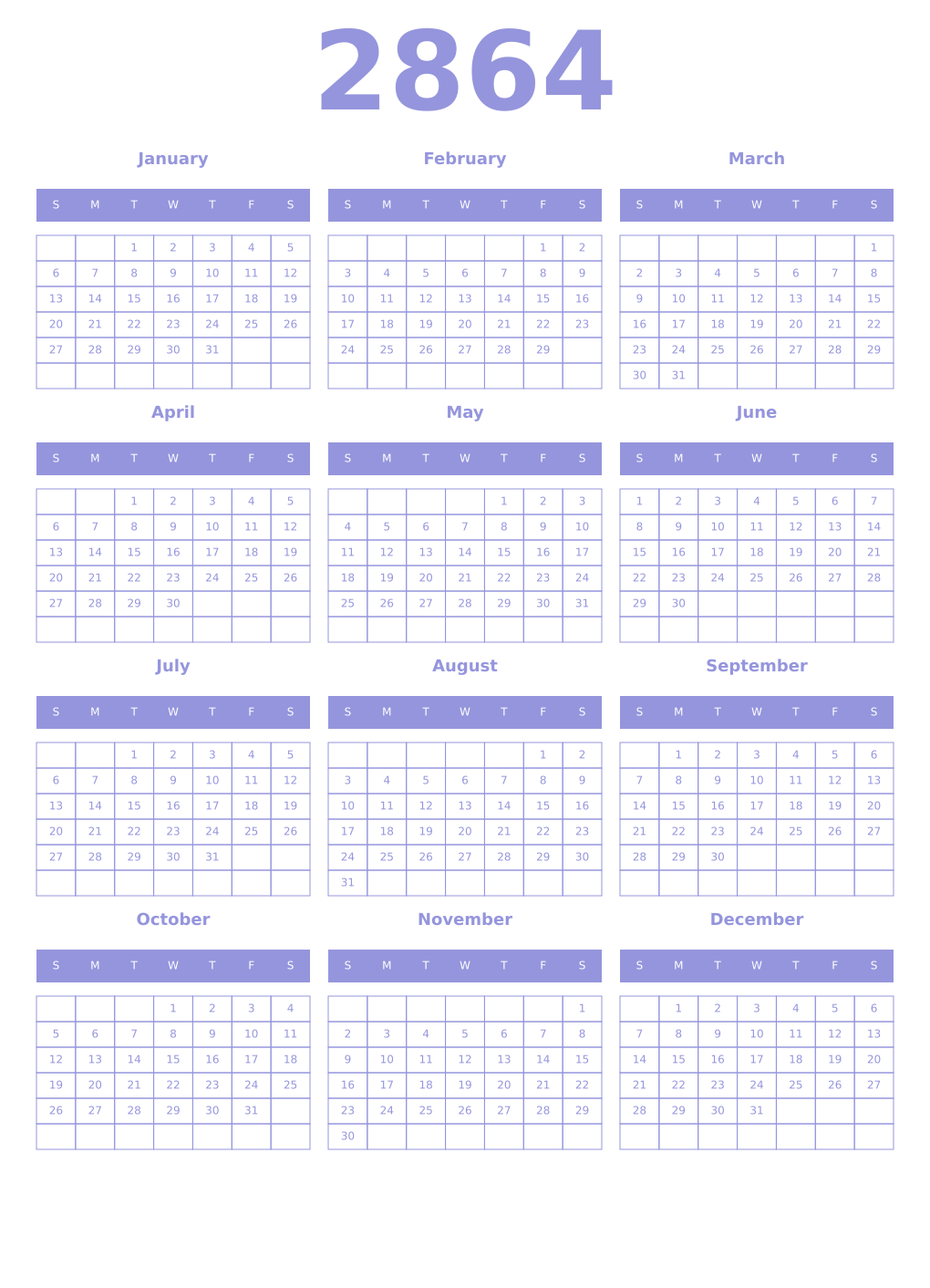 Printable 2864 Year Calendars periwinkle