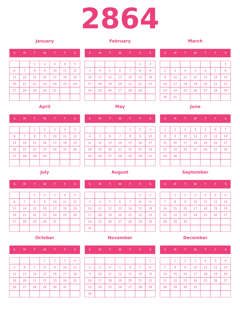 Printable 2864 Year Calendars pink