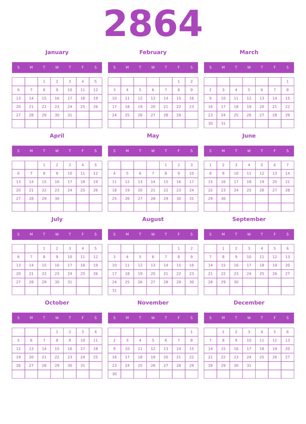 Printable 2864 Year Calendars purple