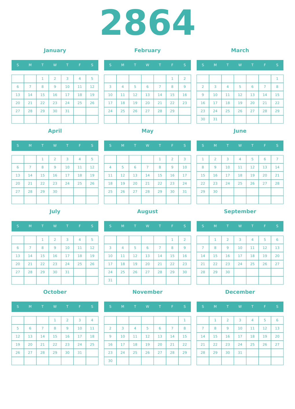 Printable 2864 Year Calendars verdigris