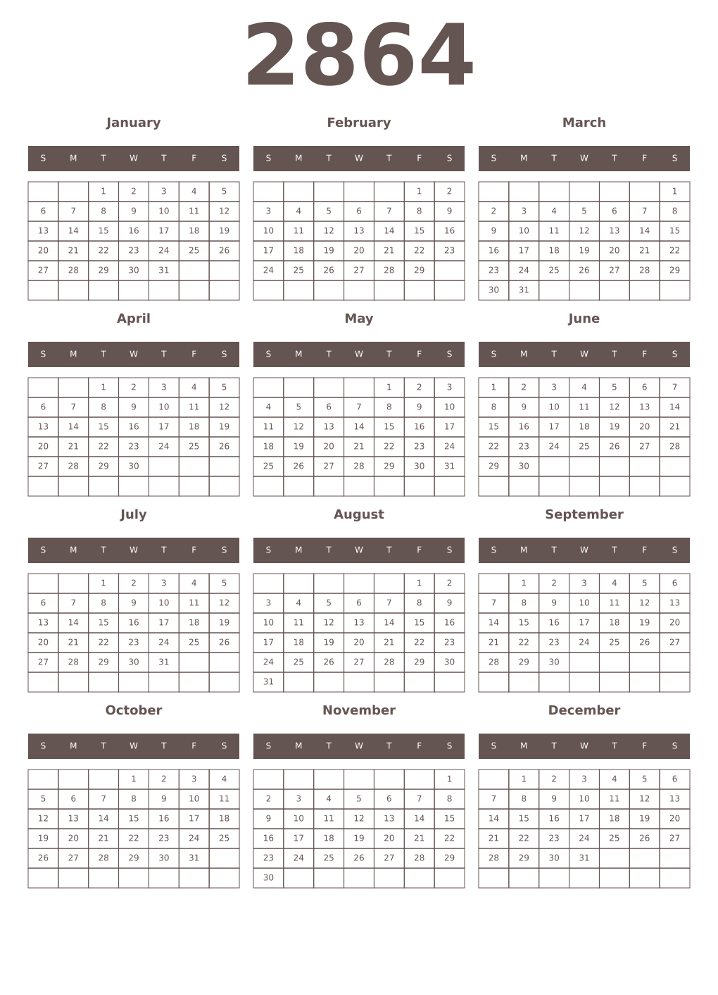 Printable 2864 Year Calendars wenge
