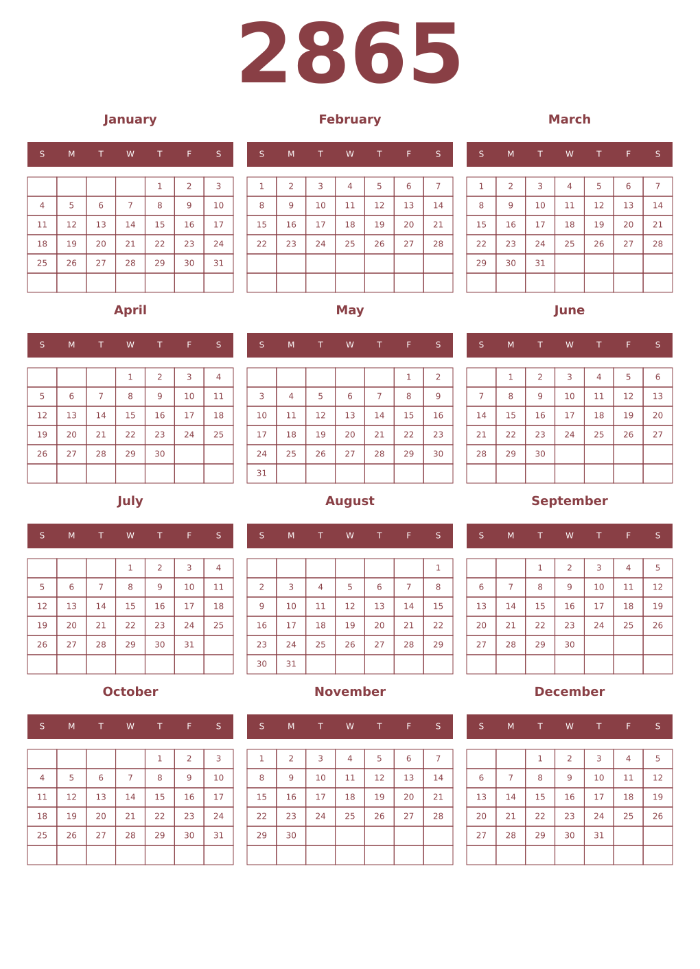 Printable 2865 Year Calendars cordovan