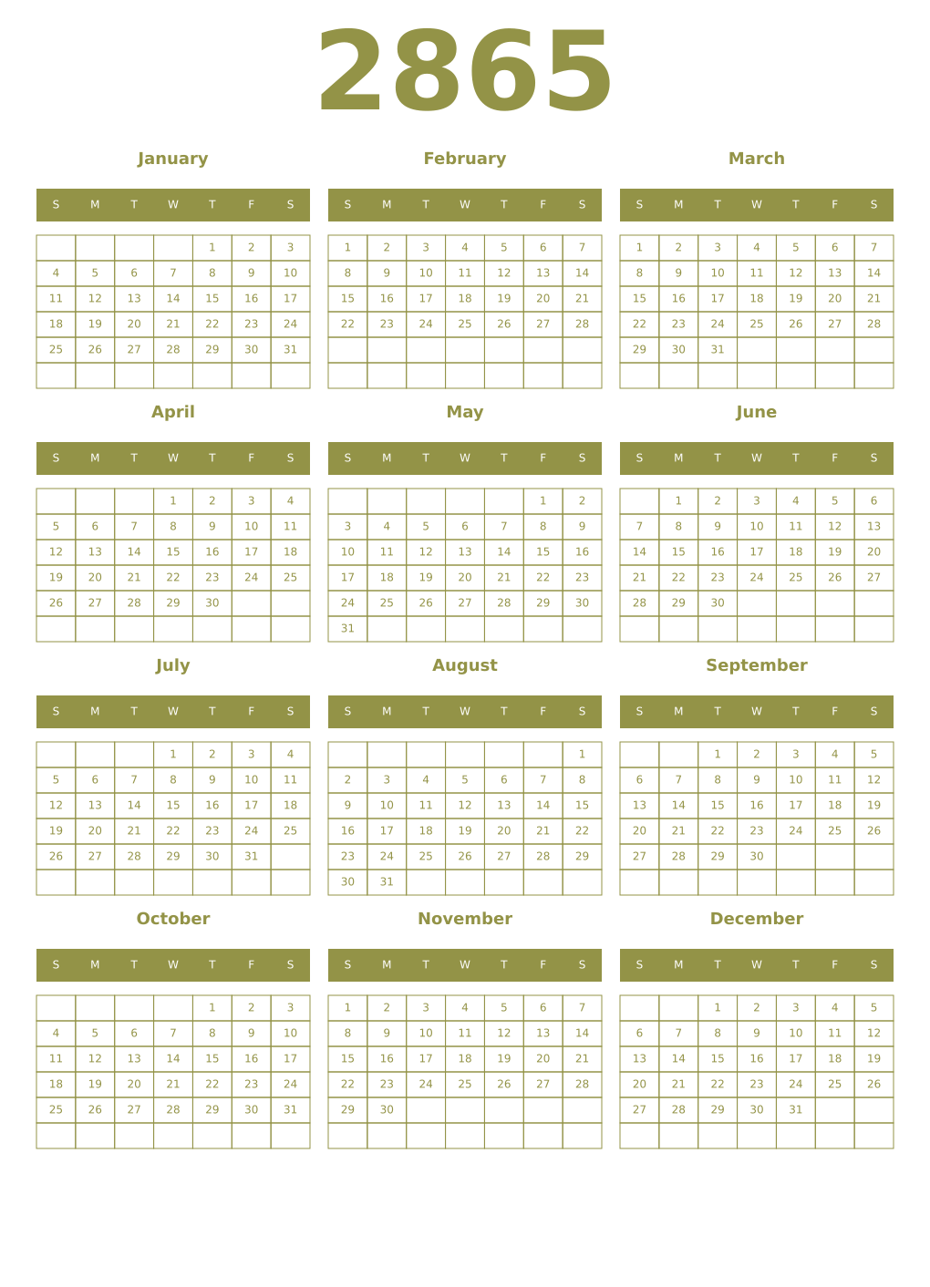 Printable 2865 Year Calendars eburnean