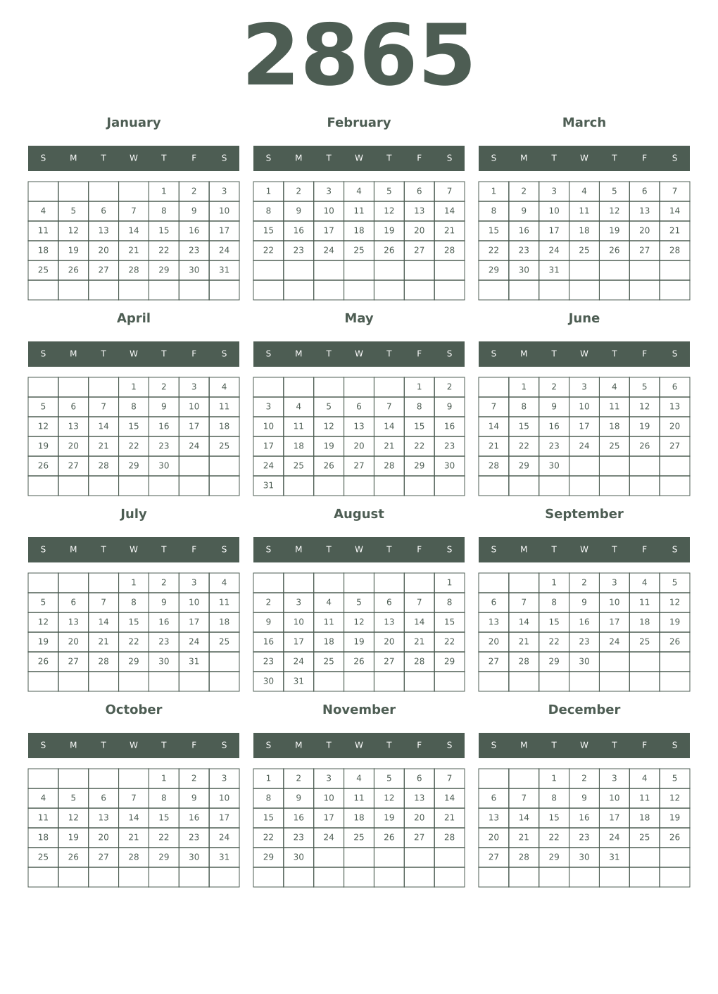 Printable 2865 Year Calendars feldgrau