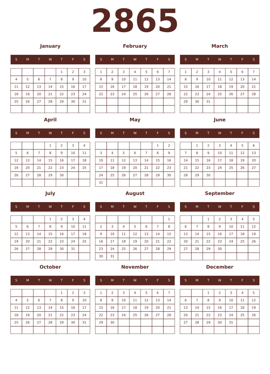 Printable 2865 Year Calendars mortuum